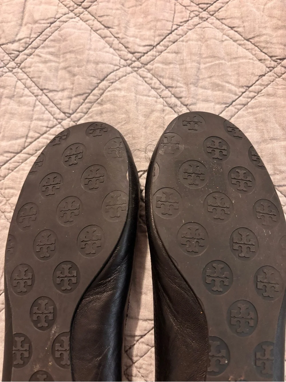 Tory Burch Black Leather Logo Ballet Flats with Silver Emblem